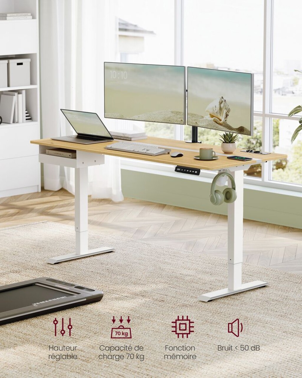 Birou electric cu inaltime ajustabila, Vasagle, 160x70x72-120 cm, PAL/otel, alb/natural - view 5