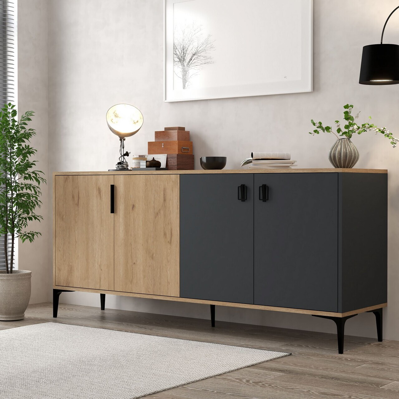 Consola, Hanah Home, Neva 4001, 180x81x44 cm, PAL, Stejar safir / Antracit — imaginea 3