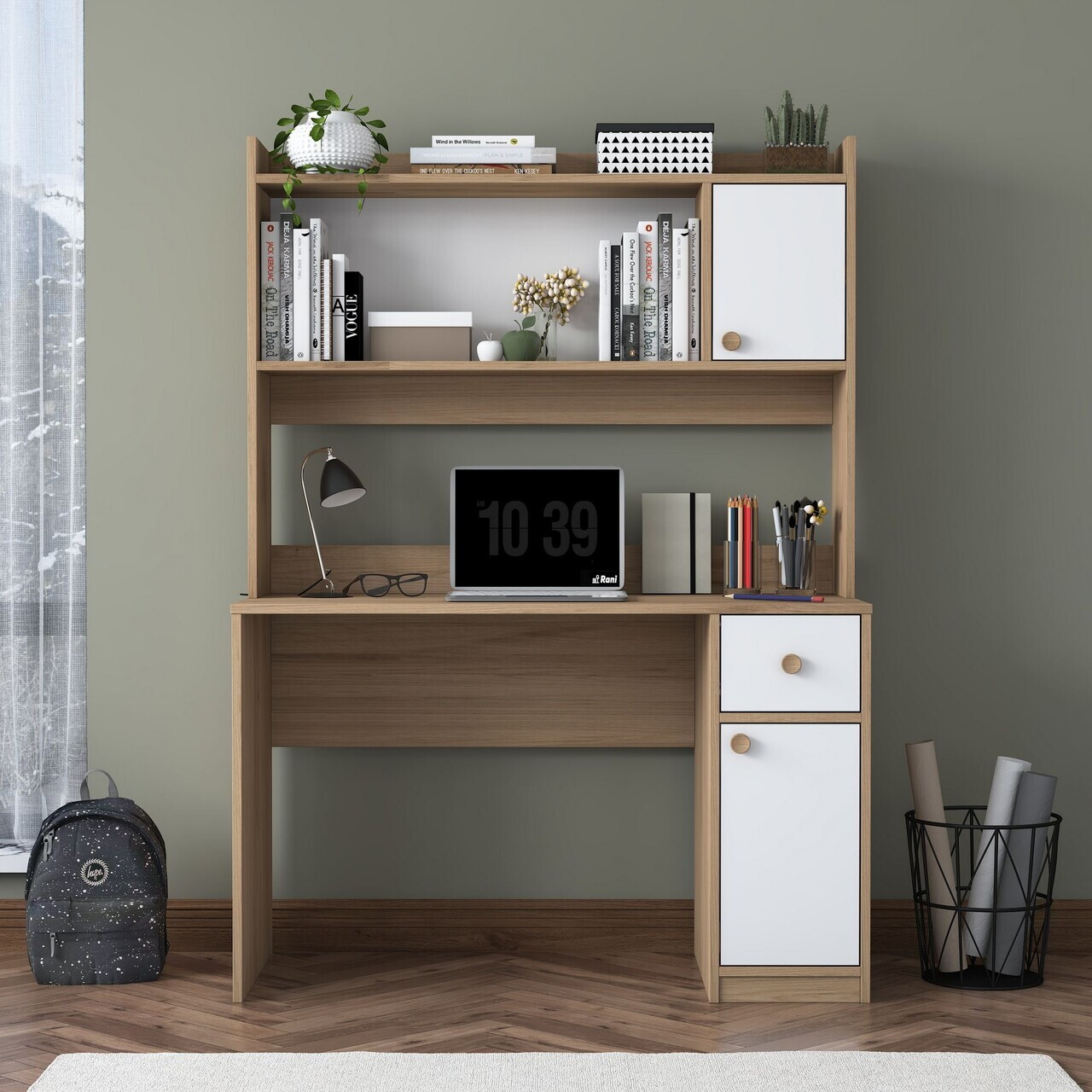 Set birou si biblioteca, Hanah Home, HA127, 120x166x50 cm, PAL melaminat, Nuc/Alb - view 2