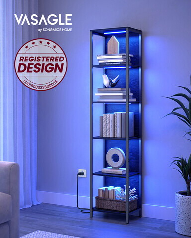 Biblioteca cu 6 niveluri si iluminare LED, Vasagle, 40x30.3x178 cm, PAL/otel, negru abanos
