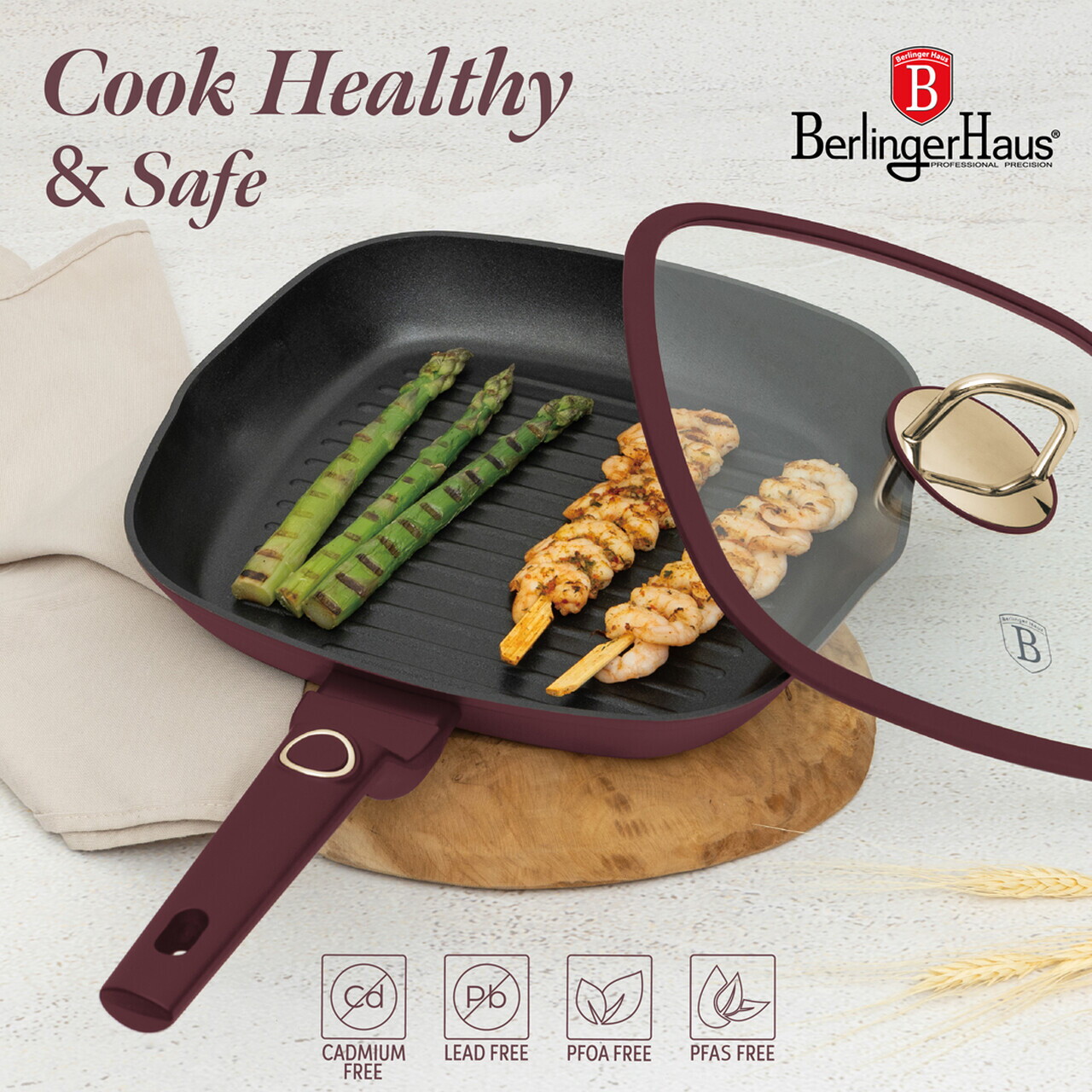 Tigaie grill cu capac Berlinger Haus, Leonardo, 28 cm, 2.1 L, aluminiu forjat, visiniu mat - imagine 9
