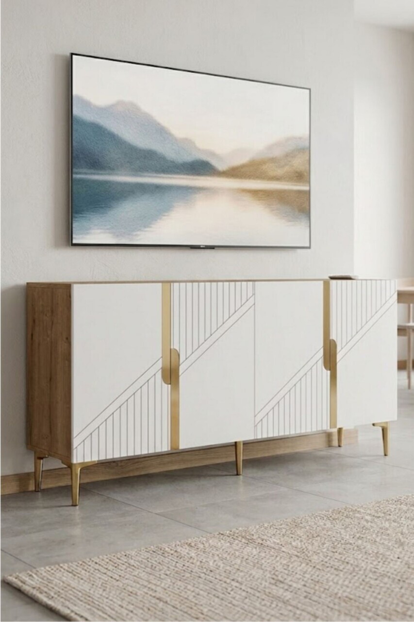 Consola, Hanah Home, Evva 150, 125x75x32 cm, Stejar Safir / Alb / Auriu — imaginea 2