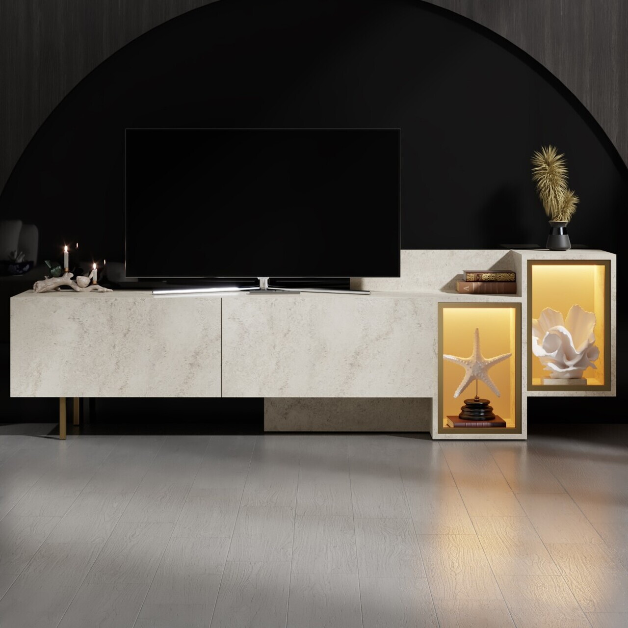Comoda TV, Hanah Home, Tenon, Travertin / Auriu — imaginea 2