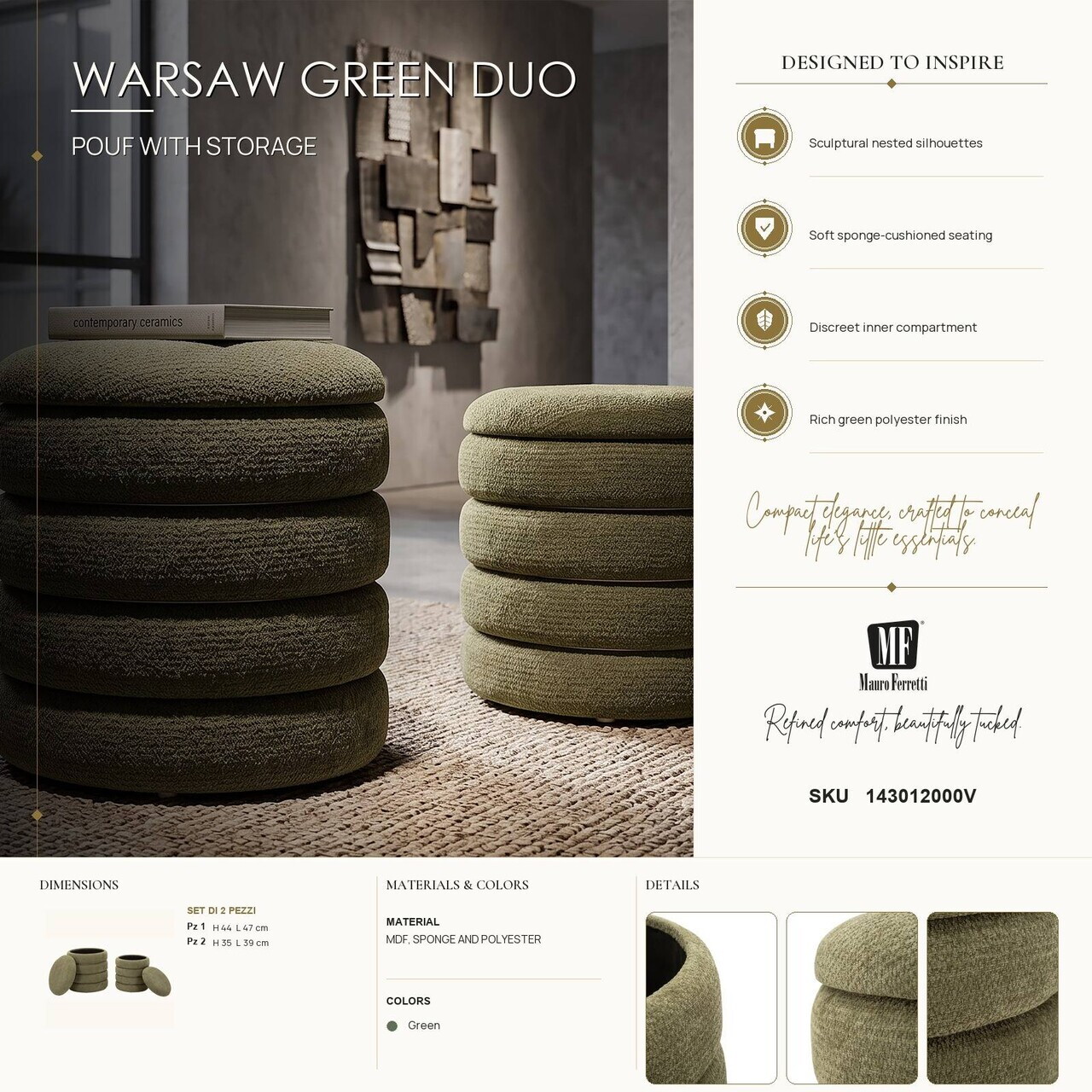 Set 2 taburete cu spatiu de depozitare, Mauro Ferretti, Nordic Style, 44x47 cm, poliester/MDF, verde — imaginea 9