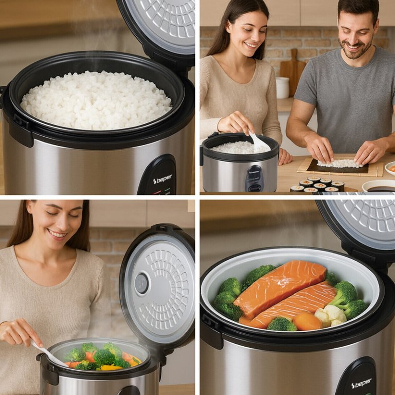 Aparat de gatit orez Beper, Vapore Pro, 28x28 cm, 700W, 1.8L, inox/aluminiu/plastic, argintiu/negru - view 3