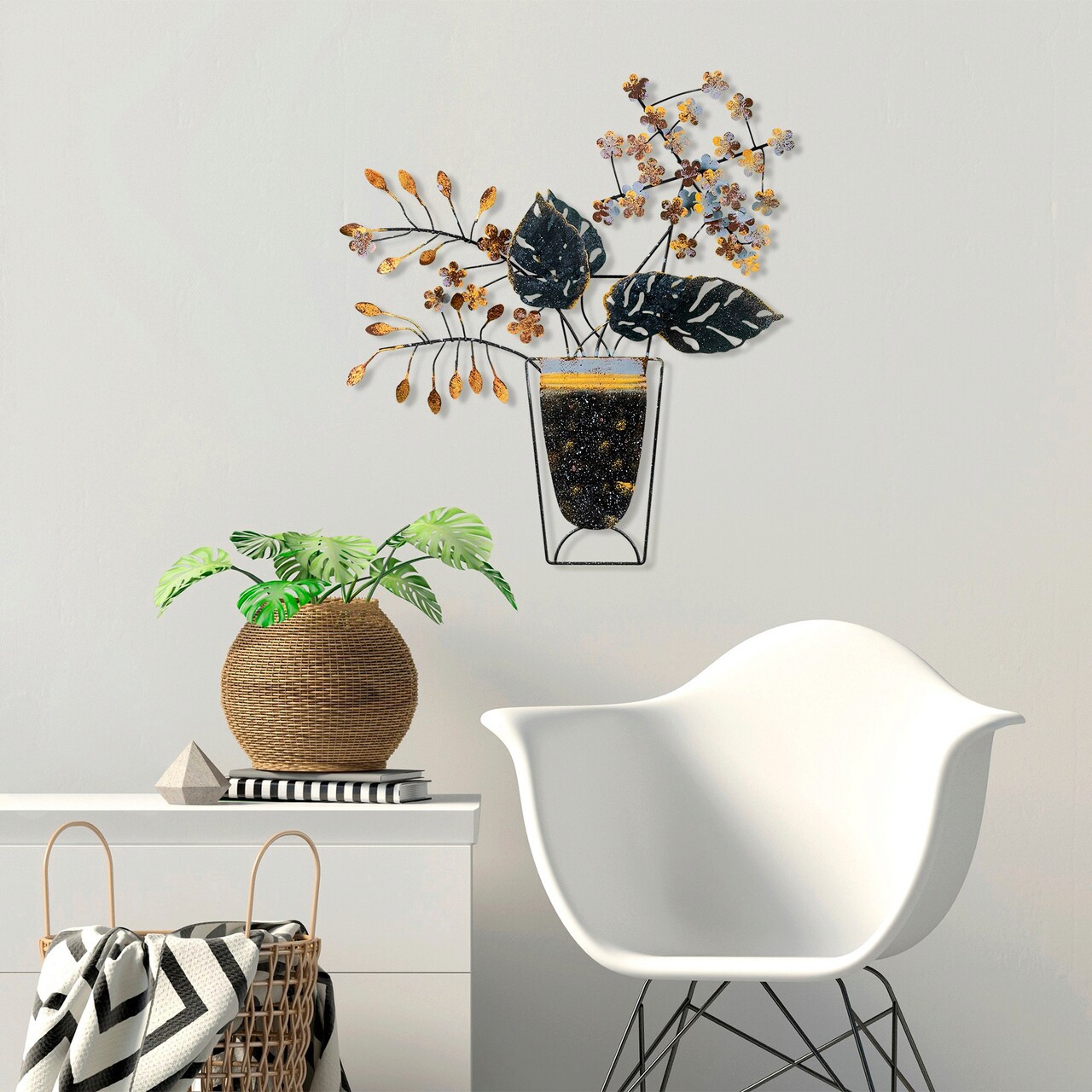 Decoratiune de perete, Flowers in Pots 2, Metal, Dimensiune: 47 x 55 cm, Multicolor