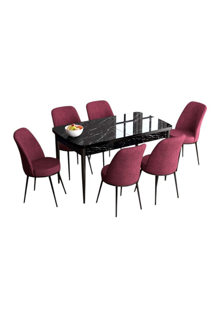 Set masa extensibila si scaune, Hanah Home, Han, Marmură neagră / Burgundia - view 2