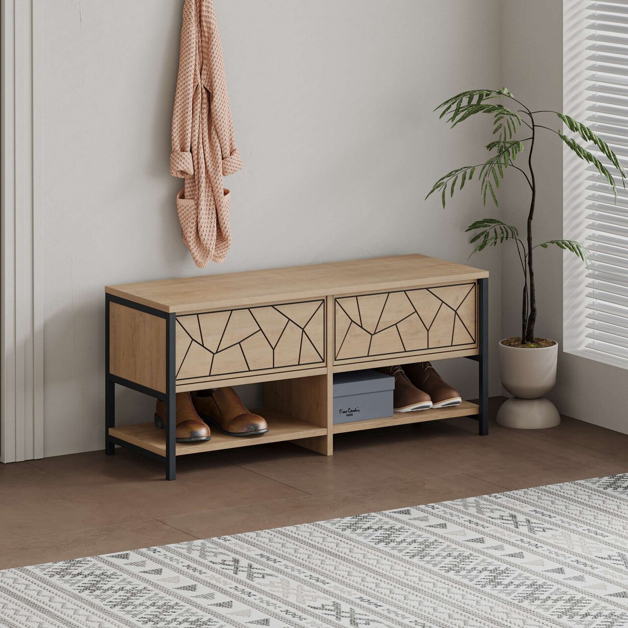 Pantofar, Decortie, Inola Shoe Bench, 105x47x37 cm, PAL, Safir / Stejar - 1 | YEO