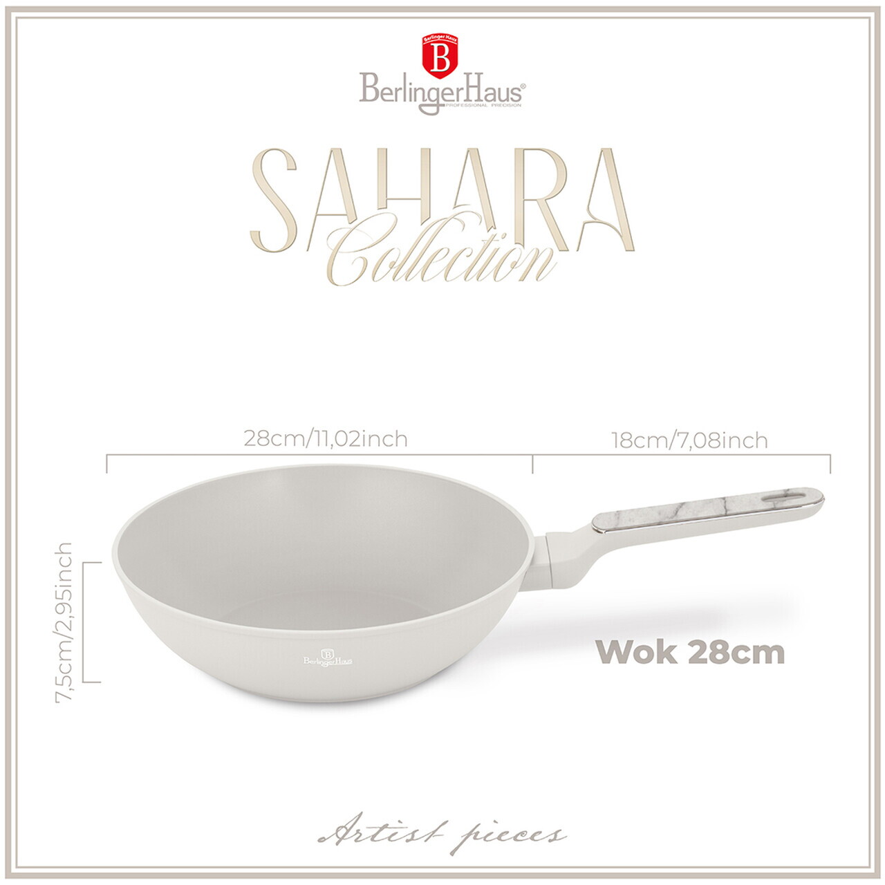 Tigaie Wok Berlinger Haus, Sahara Marble, 28 cm, 3.5 L, aluminiu forjat, crem mat/marmura - imagine 6