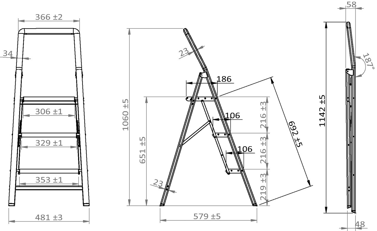 Scara pliabila cu 3 trepte, Wenko, Compact, 6 x 114.5 x 48 cm, aluminiu/plastic, gri