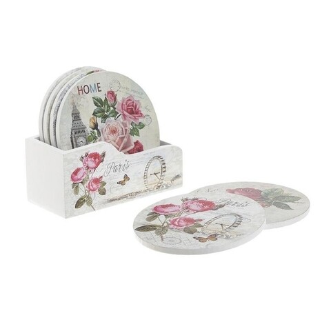 Set 6 suporturi de pahar Flower white, InArt, 9.7x9.7 cm, lemn, multicolor
