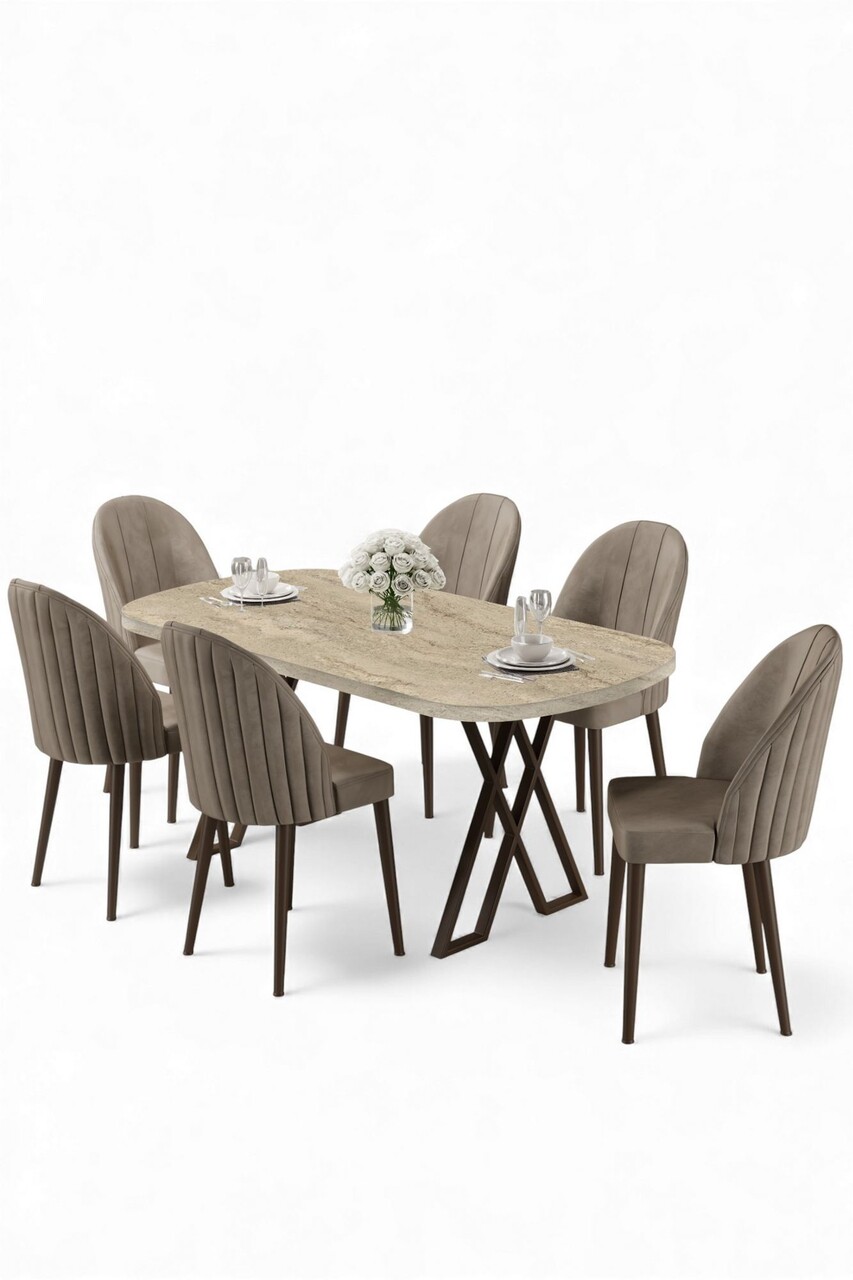 Set masă și scaune (7 piese), Hanah Home, Kaye, Travertin / Cappuccino - view 2