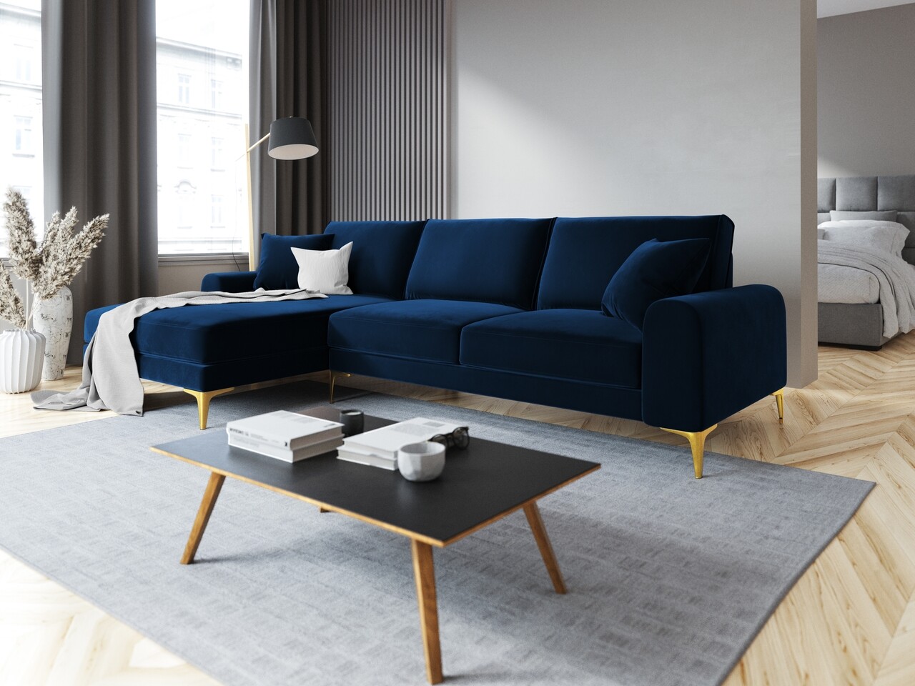 Coltar stanga, Madara, Mazzini Sofas, 5 locuri, gold legs, 254x182x90 cm, catifea, albastru regal