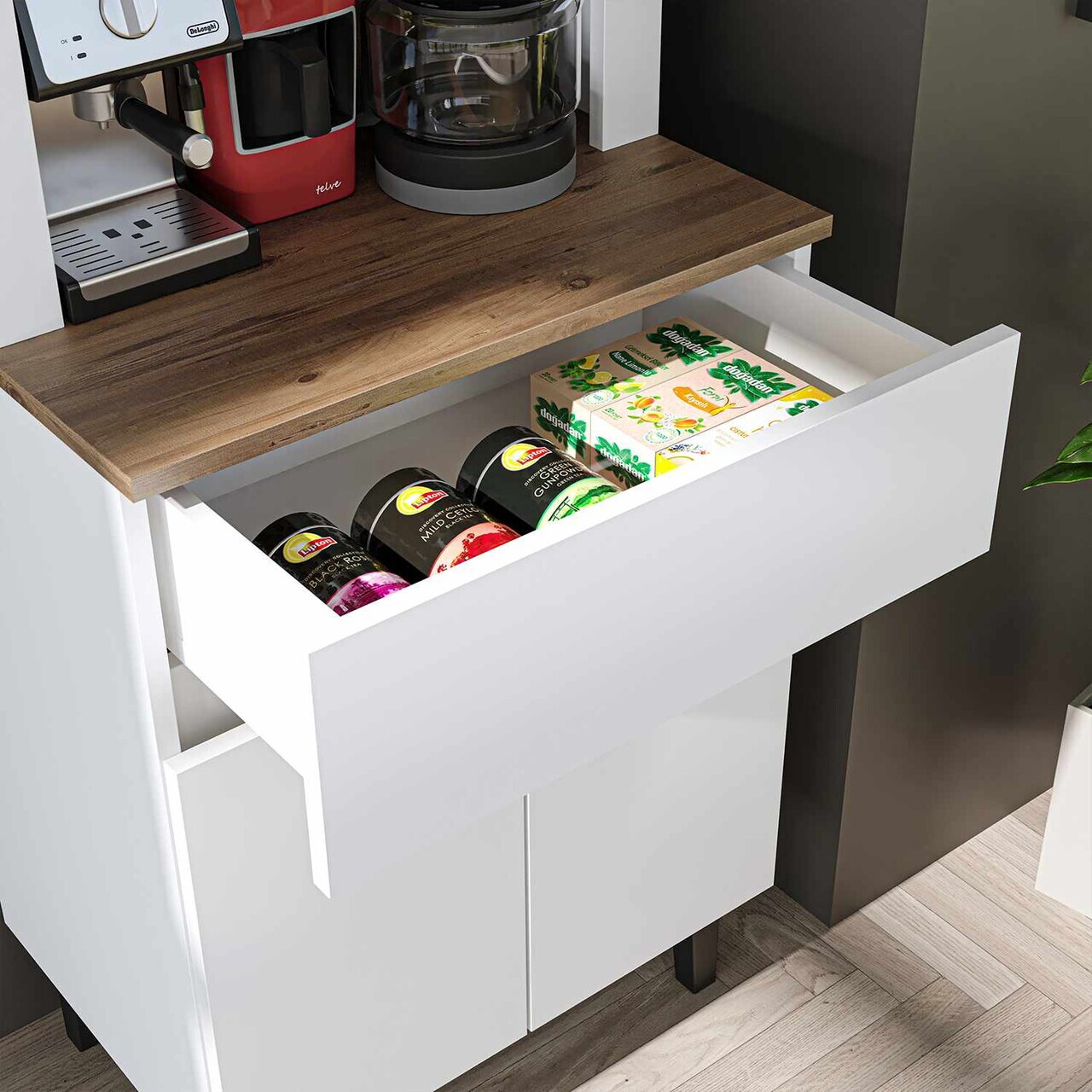 Dulap de bar pentru cafea, Hanah Home, Ledli, 60x179x41.8 cm, PAL, Alb/Pin Atlantic — imaginea 4