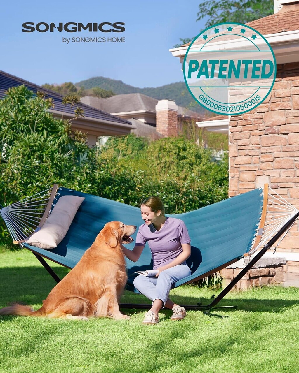 Hamac dublu captusit 200x140 cm, cu bare din bambus curbate detasabile, perna inclusa, max 225 kg, poliester - imagine 7