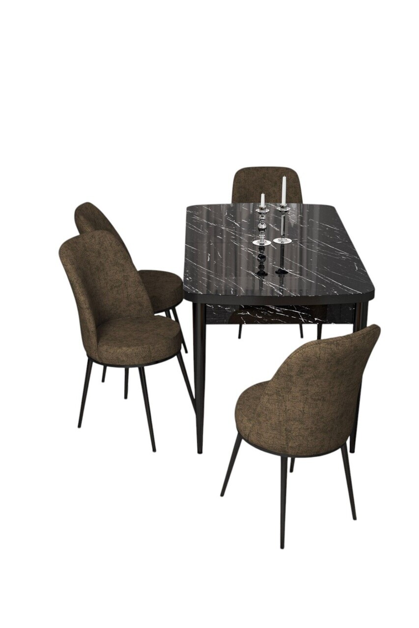 Set masa extensibila si scaune (5 piese), Hanah Home, Via, Model de marmură neagră / Maro — imaginea 2
