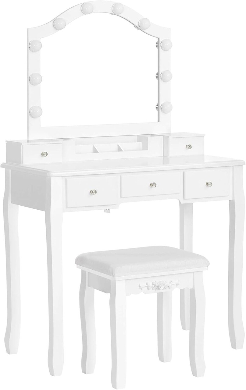 Masa de toaleta cu taburet si oglinda cu LED-uri / masuta dressing, Vasagle, 80x40x139 cm, MDF/lemn de pin/lemn de cauciuc, alb - 1 | YEO