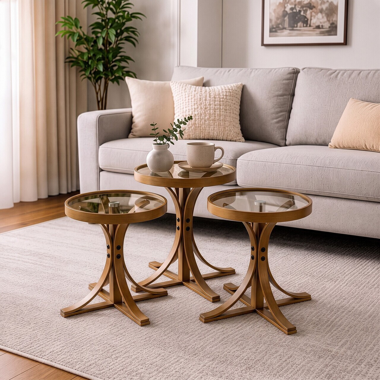 Set masute 3 piese, Hanah Home, Palm 3, LEMN MASIV DE FAG, Maro