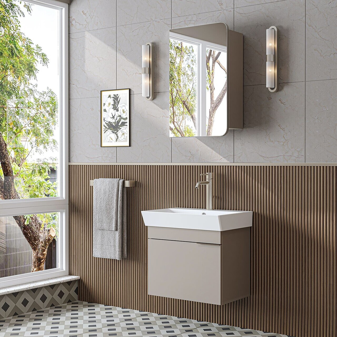 Set Dulap de Baie cu Chiuvetă și Oglindă (2 Piese), Hanah Home, 2936, MDF, Gresie — imaginea 3