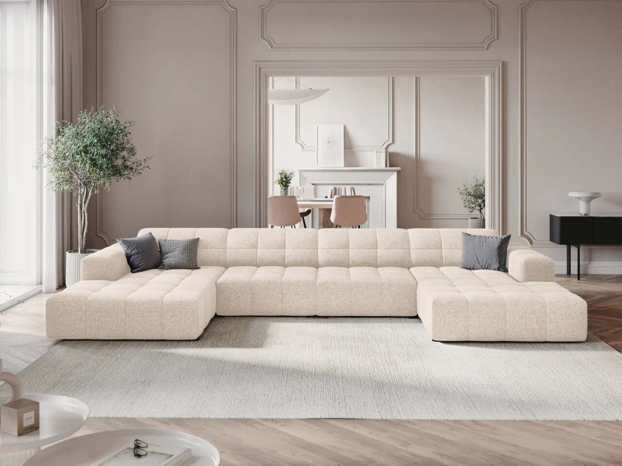 Canapea panoramica 6 locuri, Jennifer-140, Micadoni Home, 364x166x70 cm, tesatura chenille din poliester, bej deschis - 1 | YEO