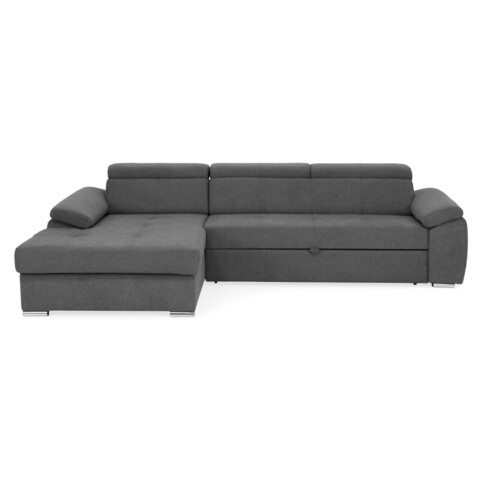 Coltar extensibil stanga cu 3 tetiere si lada, Emily, L.272 l.175, stofa, PRM96 gri inchis