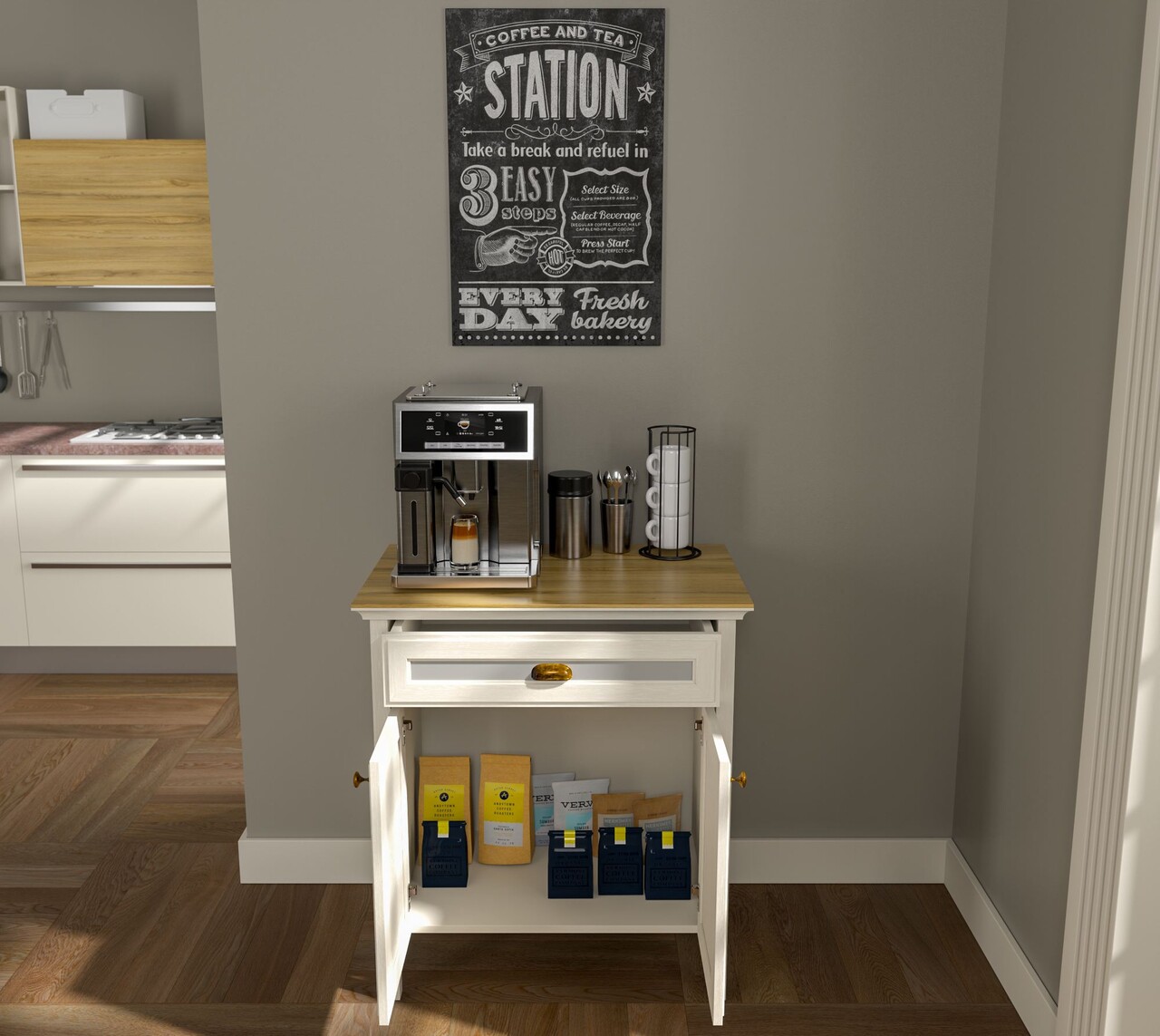 Dulap de bar pentru cafea, Hanah Home, FRN-21035, 80.4x90.1x52.1 cm, PAL, Crem / Stejar / Gri - view 3