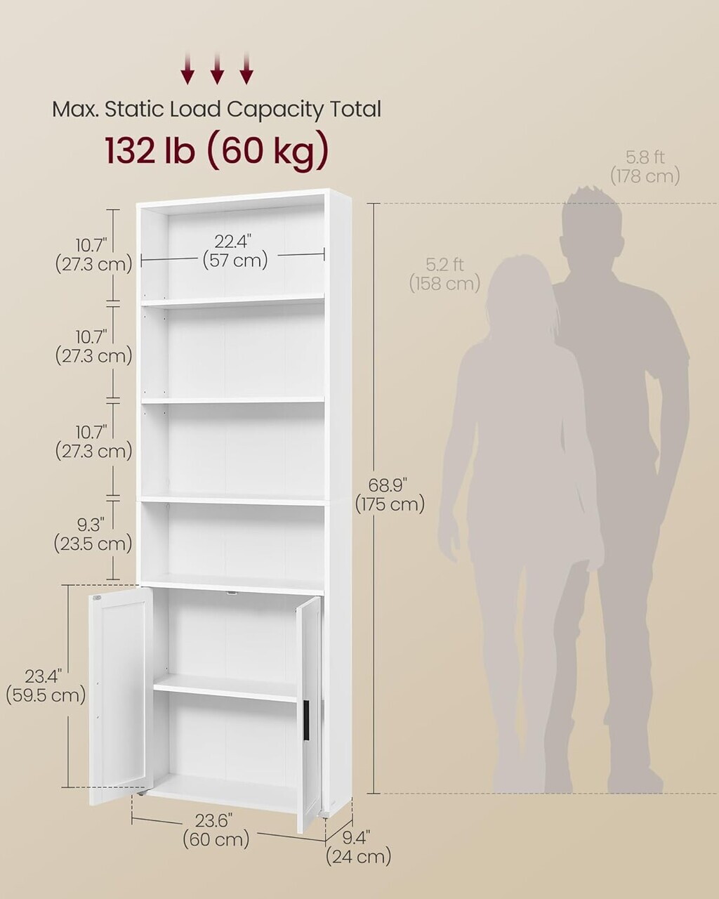 Biblioteca cu 6 niveluri, Vasagle, 60x24x175 cm, PAL/MDF, alb - imagine 2