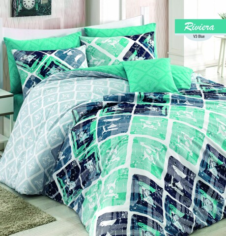Lenjerie de pat dubla Riviera, Majoli Home Collection, 4 piese, 200x220 cm, 100% bumbac ranforce, multicolor