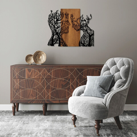 Decoratiune de perete, tree woman and man, 50% lemn/50% metal, dimensiune: 70 x 58 cm, nuc / negru