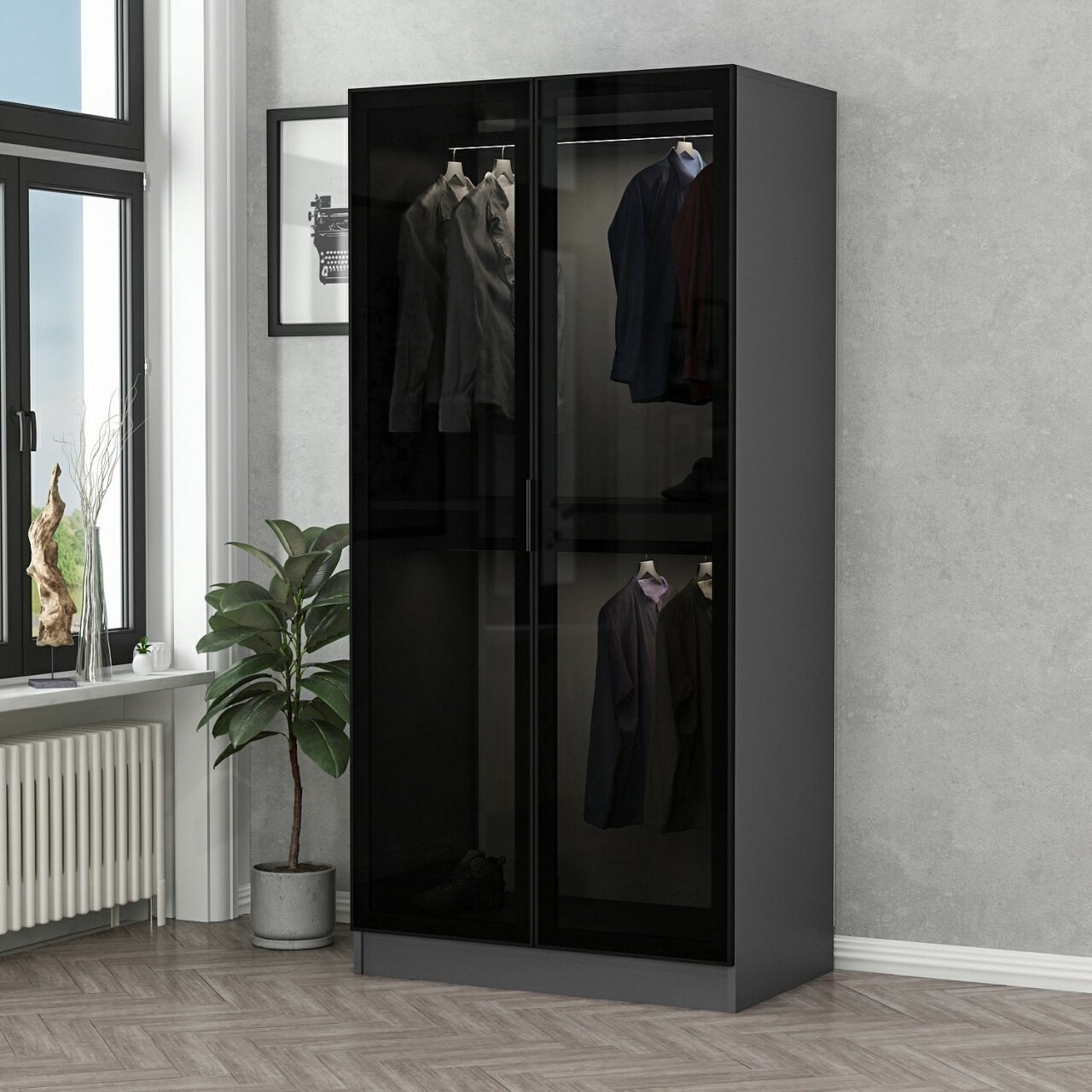 Dulap pentru haine, Minerva, Kale Glass Anthracite, 90x210x52 cm, PAL, Negru / Antracit