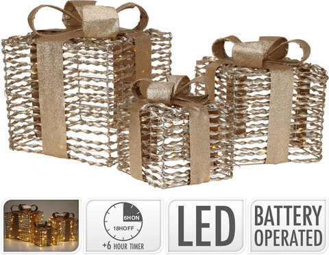 Set 3 decoratiuni luminoase Giftbox, 17 cm/23 cm/30 cm, ratan, auriu