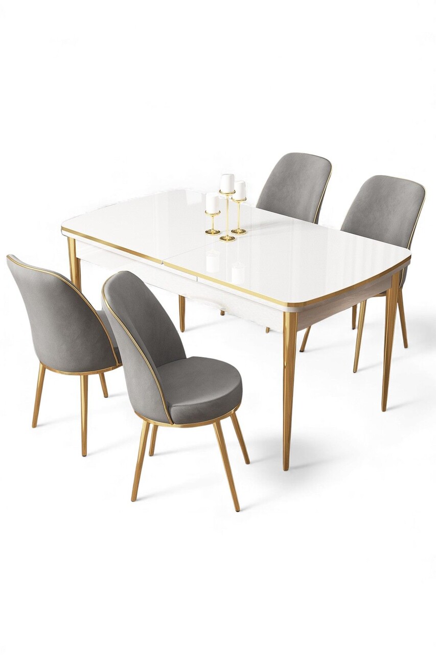 Set masa extensibila si scaune, Hanah Home, Nira, Alb / Auriu / Gri - view 2
