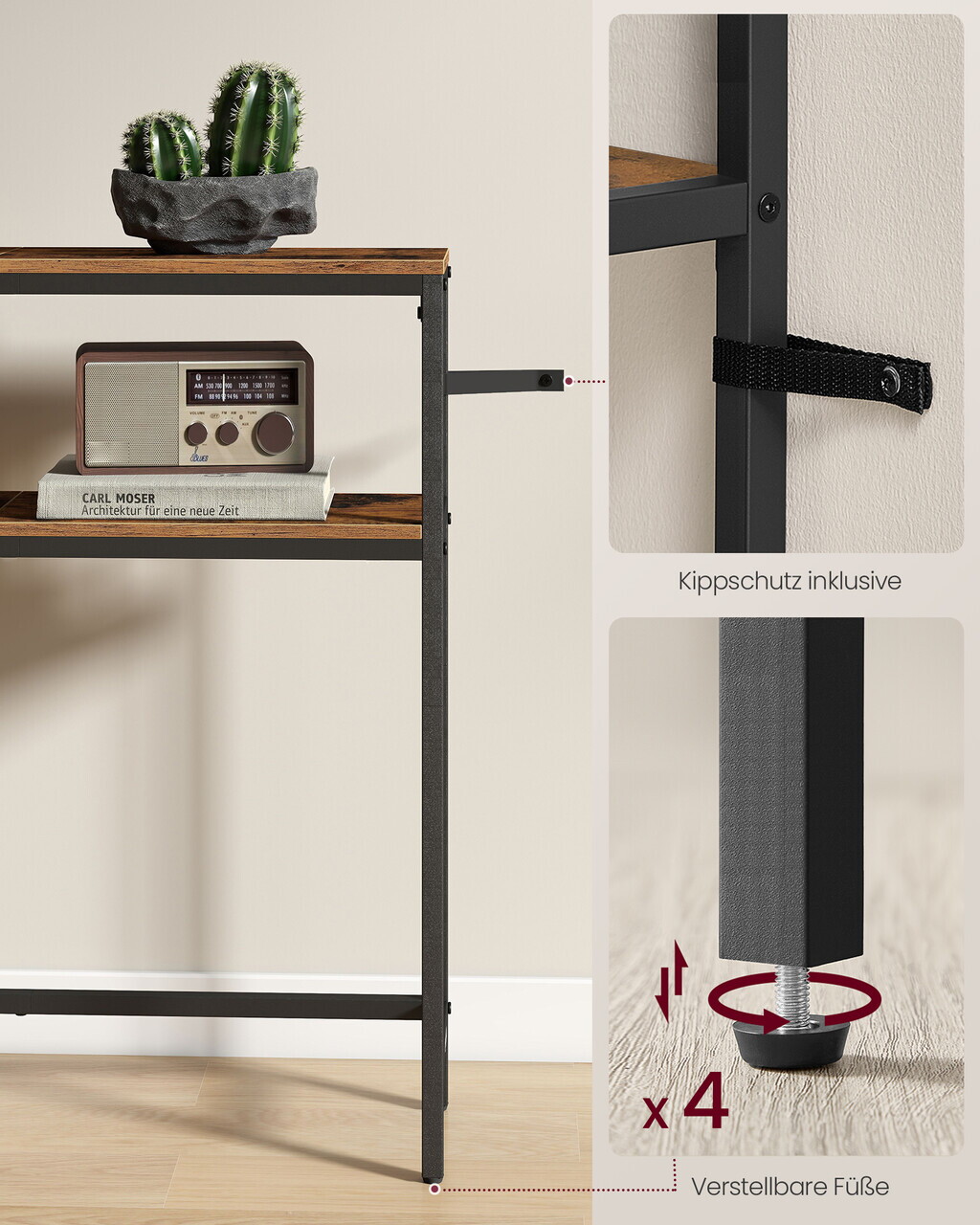 Consola cu 2 rafturi, Vasagle, 120x20x80 cm, PAL/otel, maro rustic/negru - imagine 5