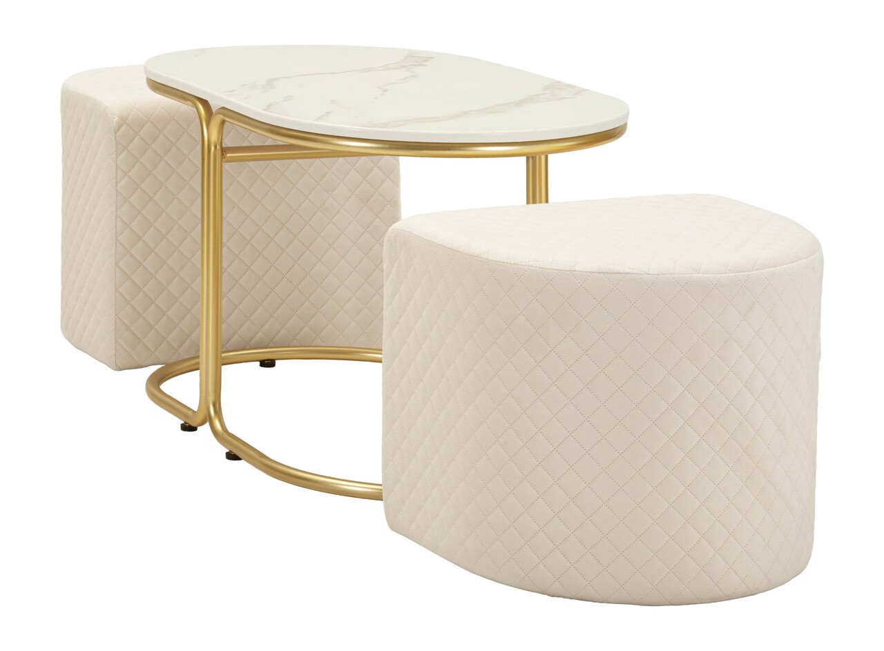 Set masuta de cafea si 2 taburete, Mauro Ferretti, Relax, 79x45x44 cm, lemn de pin/poliester, alb/auriu - imagine 10