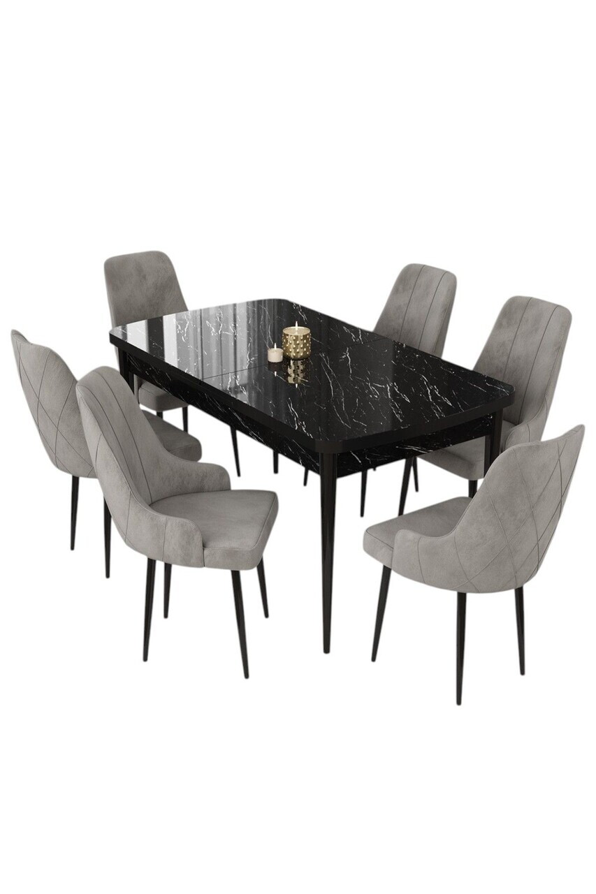 Set masa extensibila si scaune (7 piese), Hanah Home, Eta, Model de marmură neagră / Gri — imaginea 2