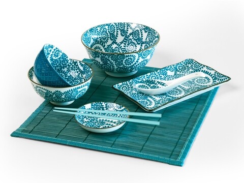 Set pentru sushi, 9 piese, Oriented Sushi Blue Branch, Excelsa, portelan/bambus