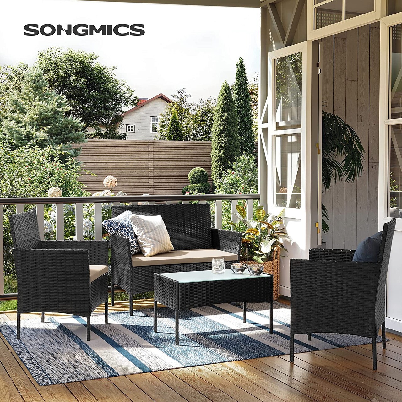 Set mobilier pentru gradina/terasa 4 piese, Songmics, otel/polietilena, negru/grej - 1 | YEO