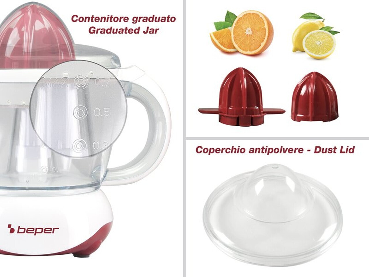 Storcator electric de citrice Beper, 20.5x14.5x20.5 cm, 25W, 700 ml, ABS, alb/rosu - view 4