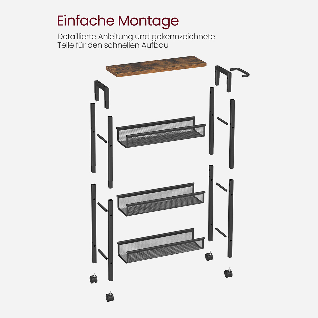 Carucior ingust cu 4 rafturi si roti, Vasagle, 45.4x13x77 cm, PAL/ote, negru - imagine 8