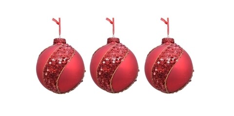 Set 3 globuri Sequins twist decor, Decoris, Ø8 cm, sticla, rosu