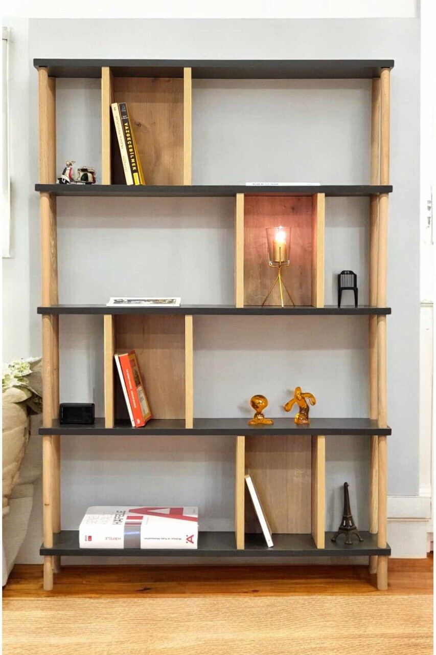 Corp biblioteca, Hanah Home, Peka-0045, 90x137x20 cm, PAL, Antracit / Stejar — imaginea 2