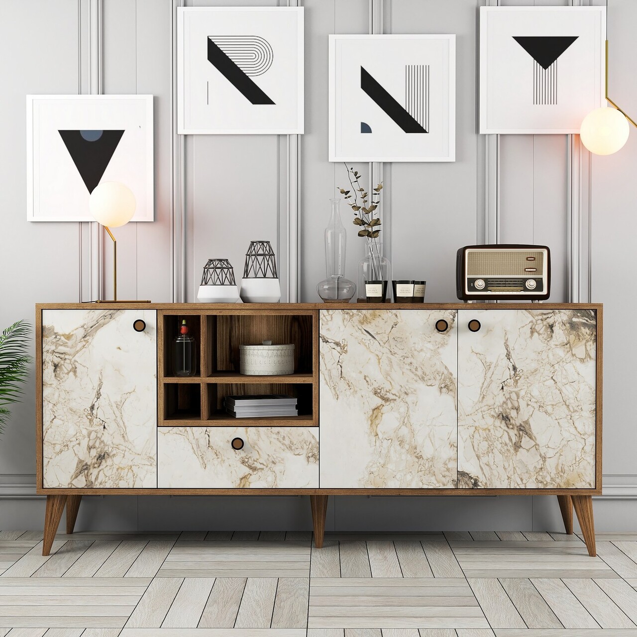 Consola, Hommy Craft, Napoli, 180x81x35 cm, PAL, Marmură albă/Nuc - 1 | YEO