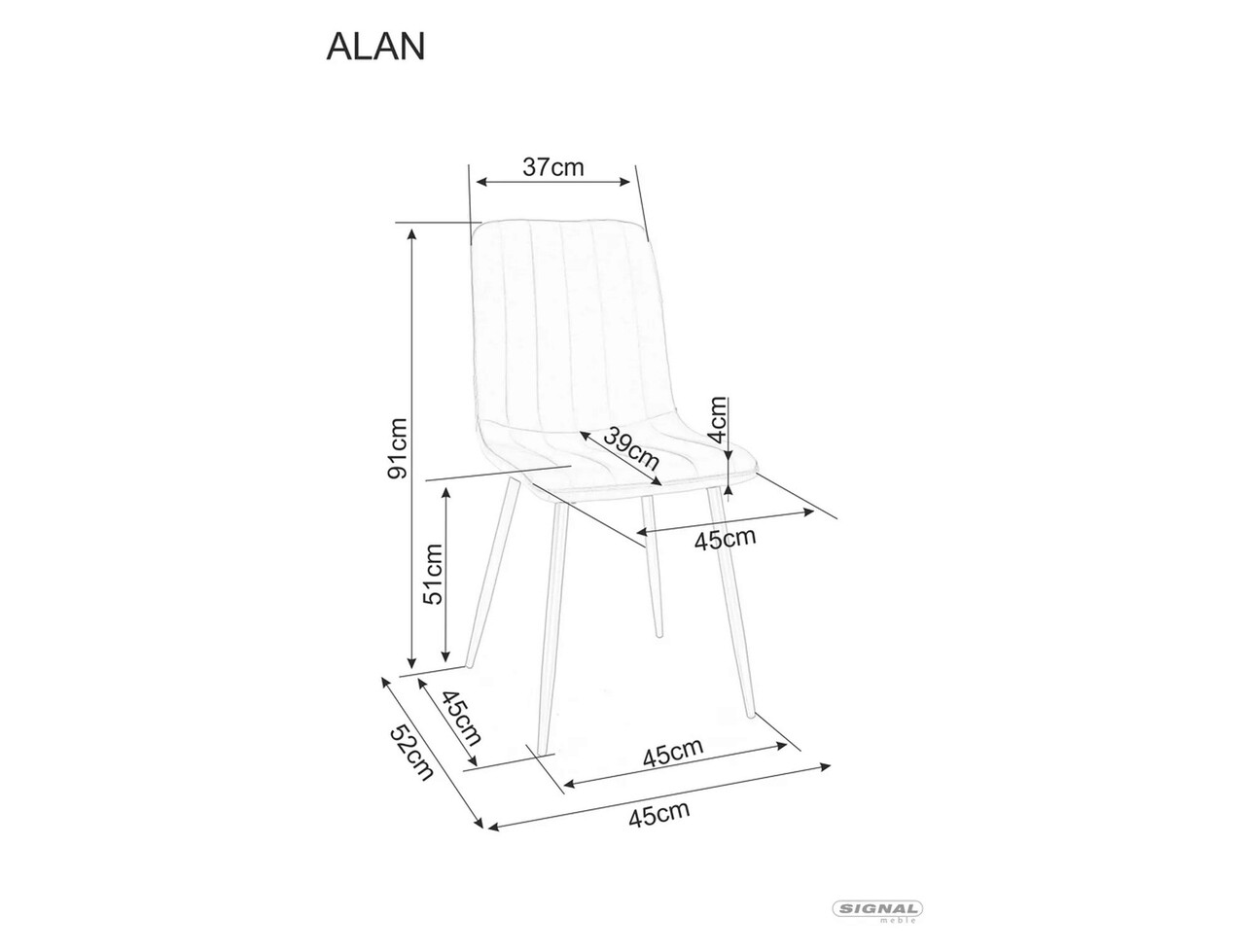 Scaun Alan Velvet, Signal, 45x39x91 cm, catifea/otel, gri/negru