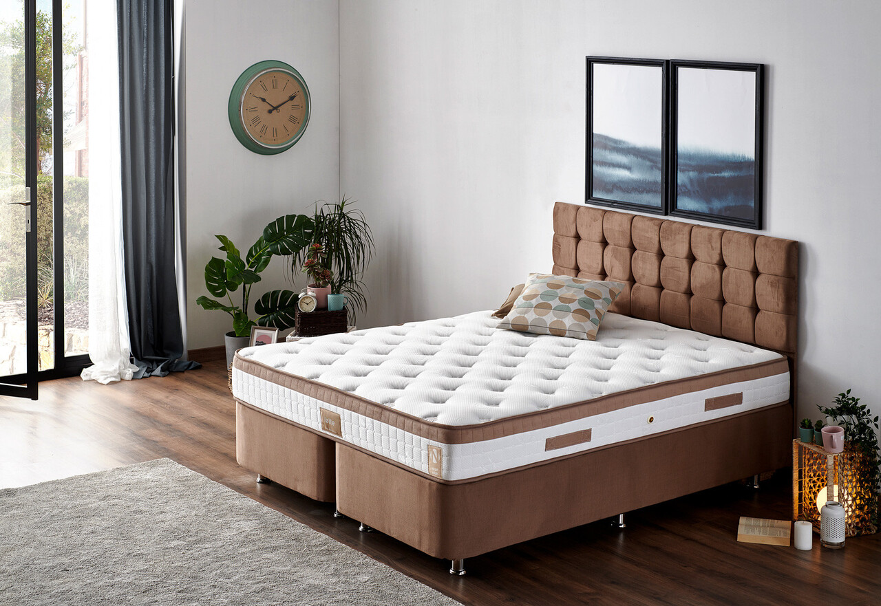 Saltea dubla, Base & Headboard, Niron, Latte, 180x38x200 cm, Cadru: OȚEL, Maro deschis - 1 | YEO