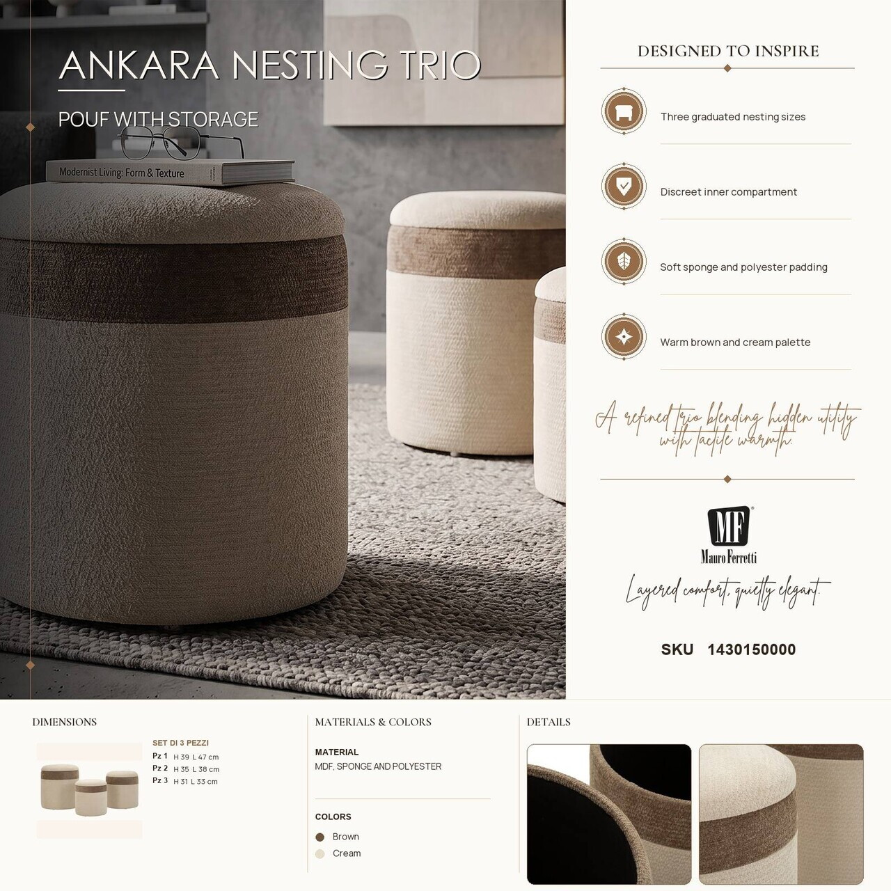 Set 3 taburete cu spatiu de depozitare, Mauro Ferretti, Nordic Style, 39x47 cm, poliester/MDF, maro — imaginea 9