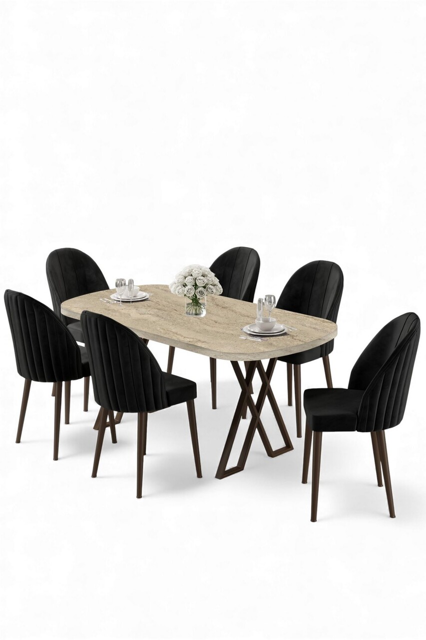 Set masă și scaune (7 piese), Hanah Home, Kaye, Travertin / Negru - view 2