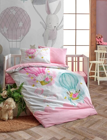 Lenjerie de pat pentru copii, 4 piese, 100×150 cm, 100% bumbac ranforce, Cotton Box, Little Princess, roz