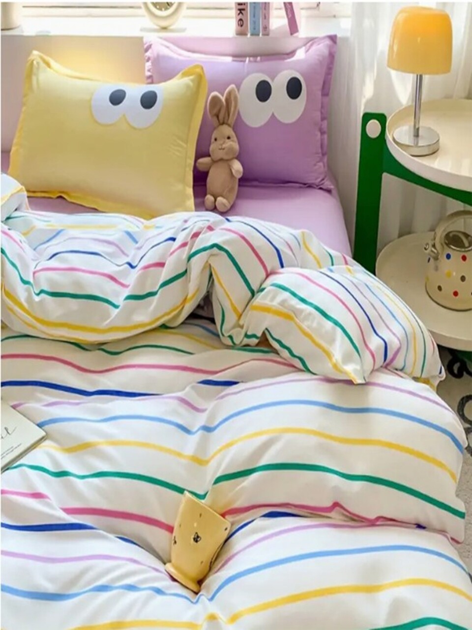 Lenjerie de pat pentru o persoana, Funny - Yellow, Lilac, Eponj Home, 65% bumbac/35% poliester