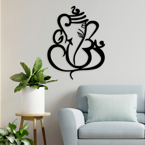 Decoratiune de perete, ganesha, metal, dimensiune: 75 x 90 cm, negru
