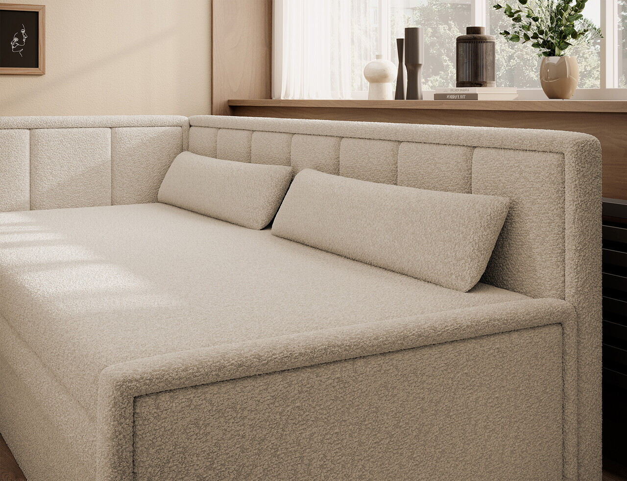 Canapea extensibila brat stanga 3 locuri ELTAP, Fulgeo, 214x82x77 cm, lemn/catifea din poliester, bej - view 2